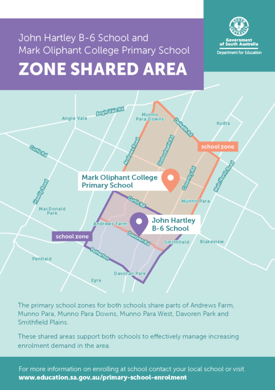Map of the shared school zone area for Mark Oliphant College Primary School and John Hartley B-6 School