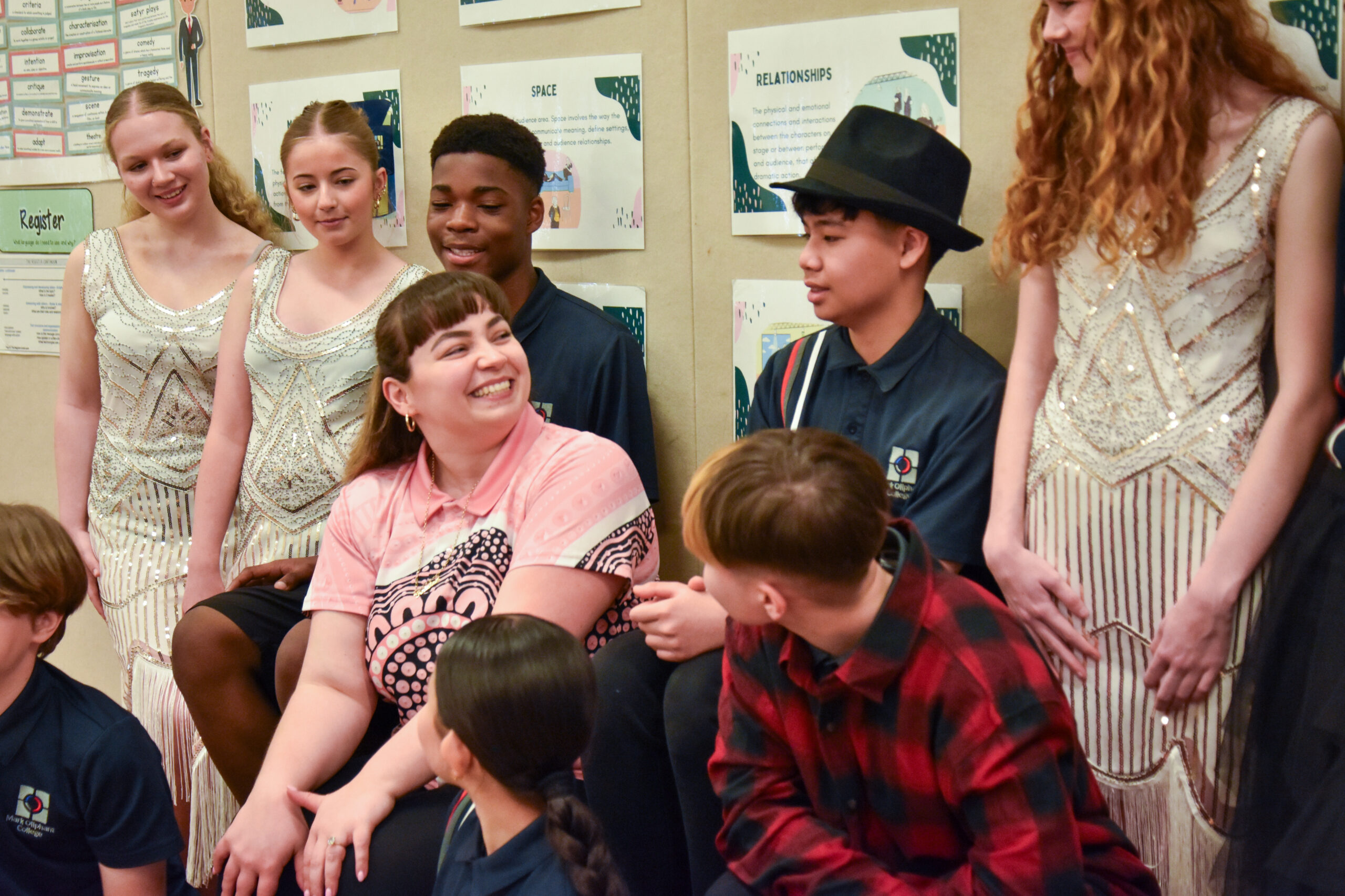 Students and a teacher in 1920s costume for a middle years class activity
