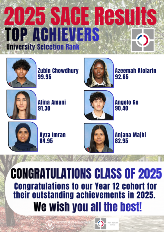 2025 SACE results graphic listing the top achievers and their university selection ranks