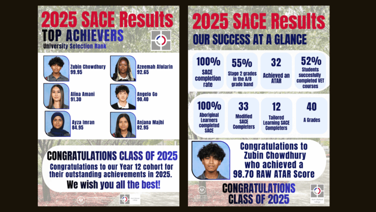 Two 2025 SACE results graphics showing top achievers and results at a glance