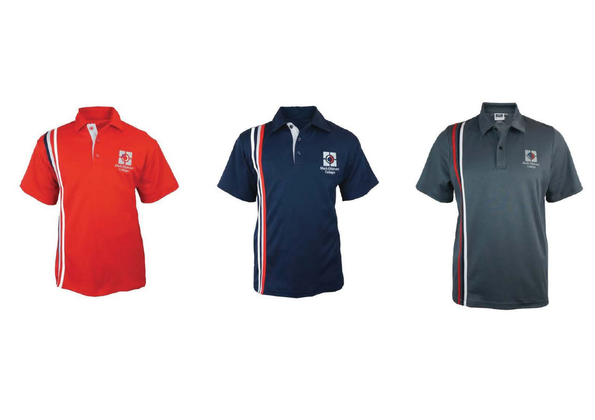 Mark Oliphant College uniform polo shirts in red, navy and grey