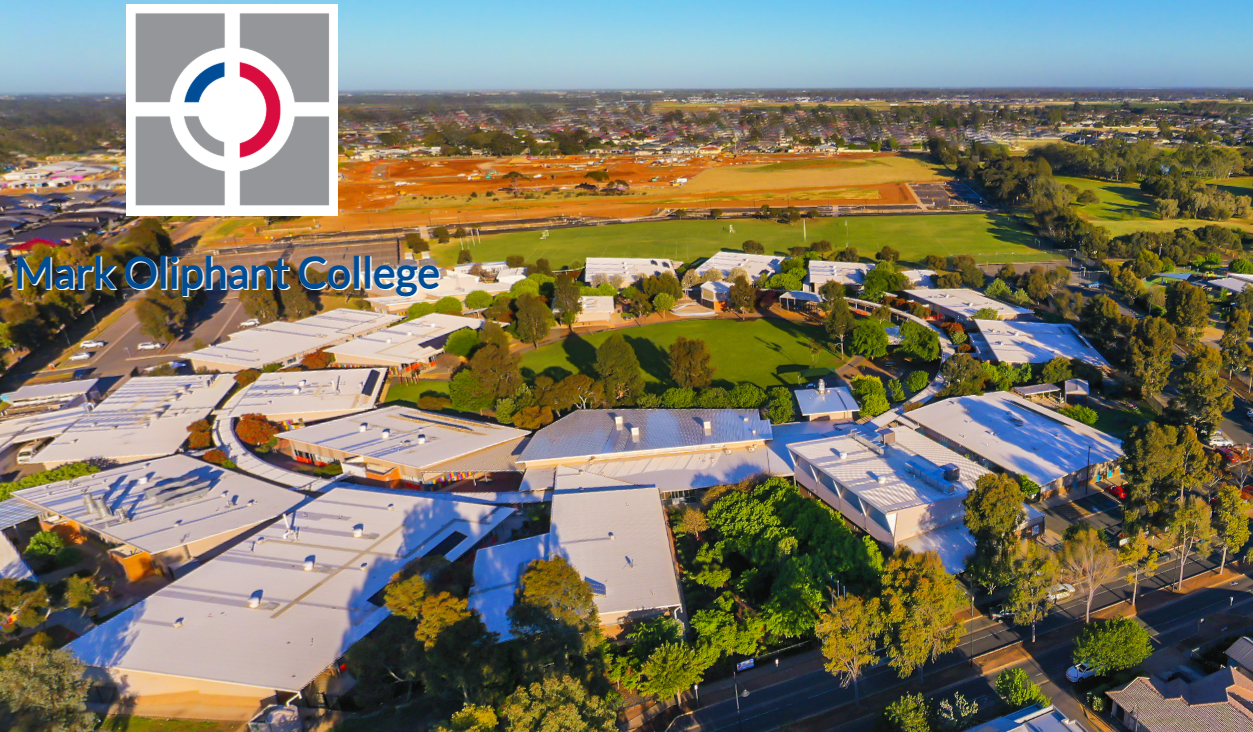 Aerial view of the Mark Oliphant College campus with the school logo
