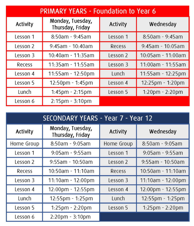 Tables showing daily lesson times for Primary Years and Secondary Years