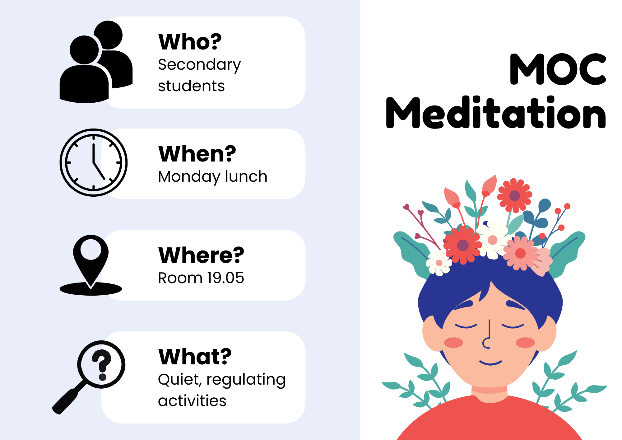 MOC Meditation information graphic with session details