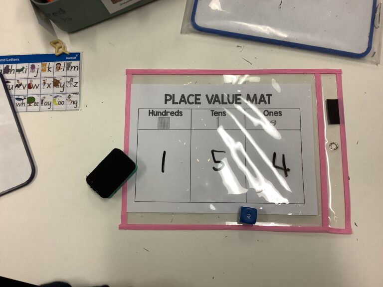 Place value mat showing the number 154 in hundreds, tens and ones