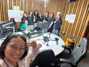 Teacher and Year 9 Indonesian students in the radio studio