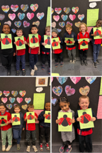 Collage of Class 1B students holding their ladybug addition artwork