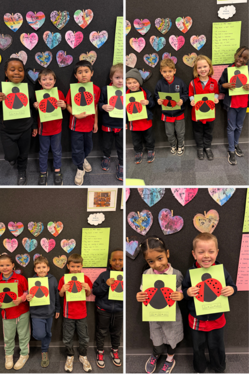 Collage of Class 1B students holding their ladybug addition artwork