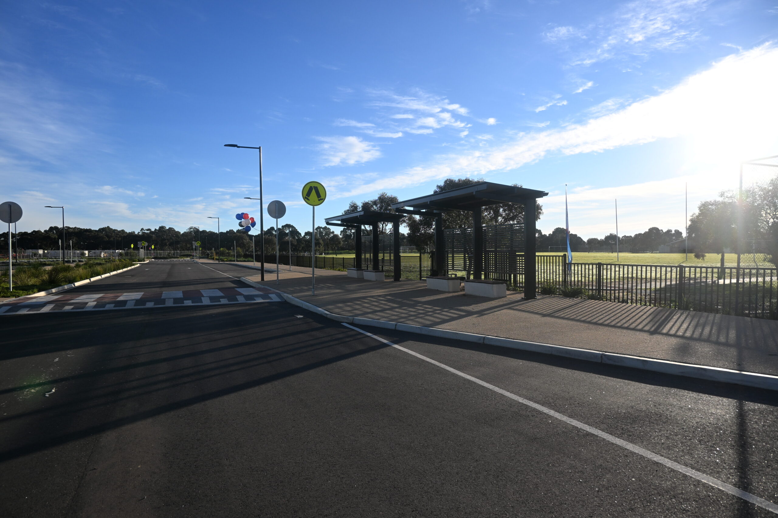 Road and shelter at the school drop-off and pick-up area