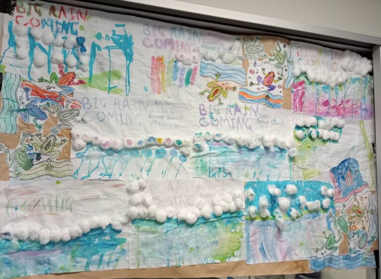 Collaborative student artwork based on the story Big Rain Coming