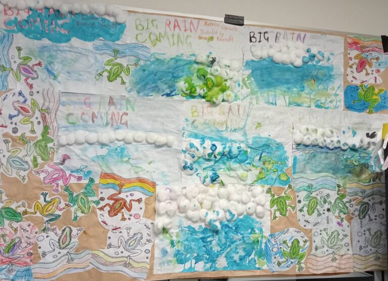 Collaborative student artwork based on the story Big Rain Coming