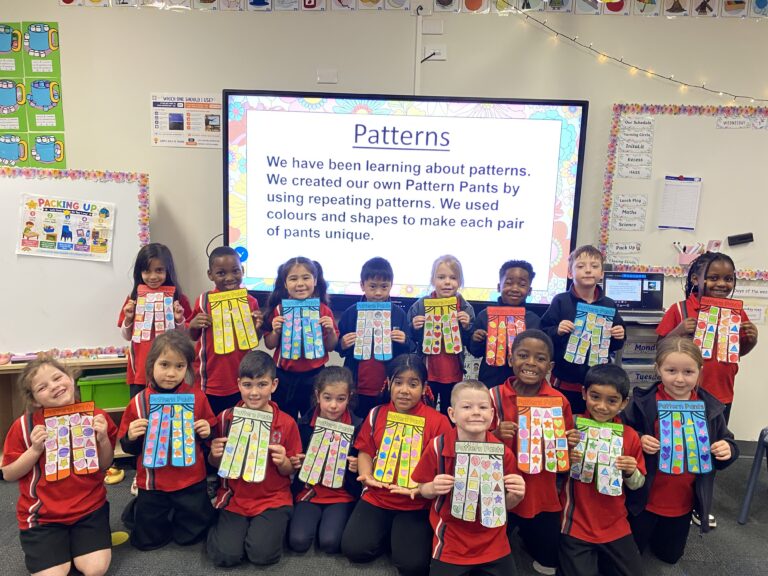 Year 1 students holding their Pattern Pants artwork in front of a lesson slide about patterns